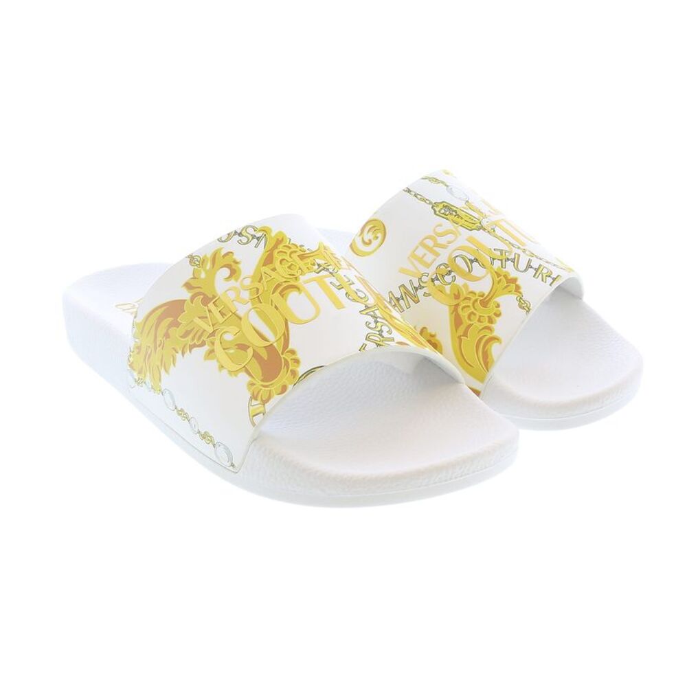 Versace Jeans Couture White/Gold Ladies Signature Pattern Pool Slide